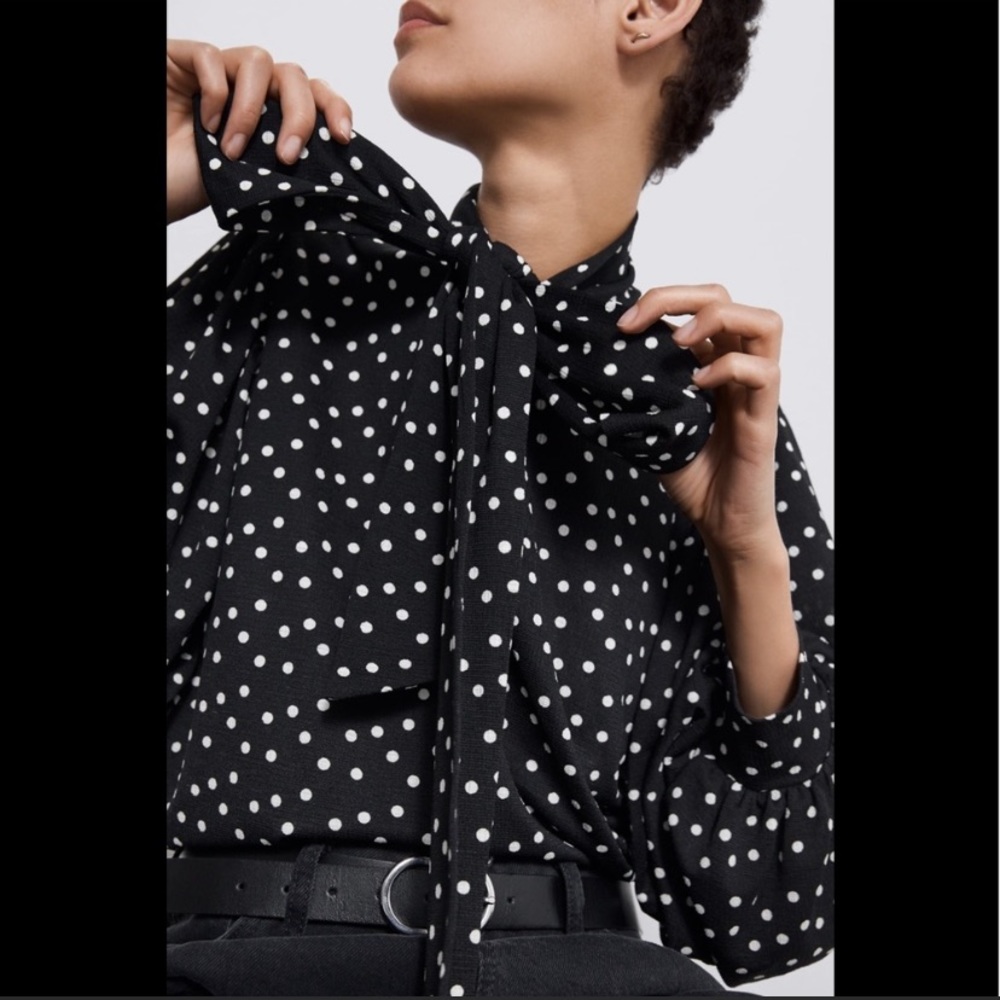 ZARA Black Polka Dot Bow Neck Blouse sz M
